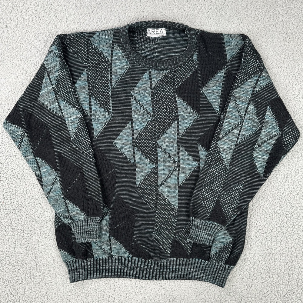 Vintage Area By Tag Sweater Men Large Black Grey Geometric Grandpa Made in USA